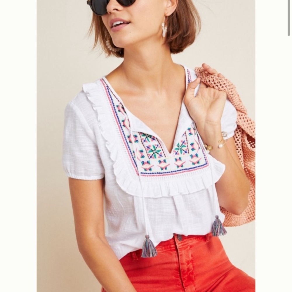 Anthropologie White Blouse with Colorful Embroidery